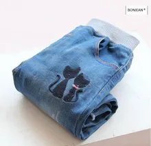 Y31348839 Retail 2017 Spring Fashion Girl Jeans Solid Embroidery Cats Girl Skinny Pants Denim Girl Clothing