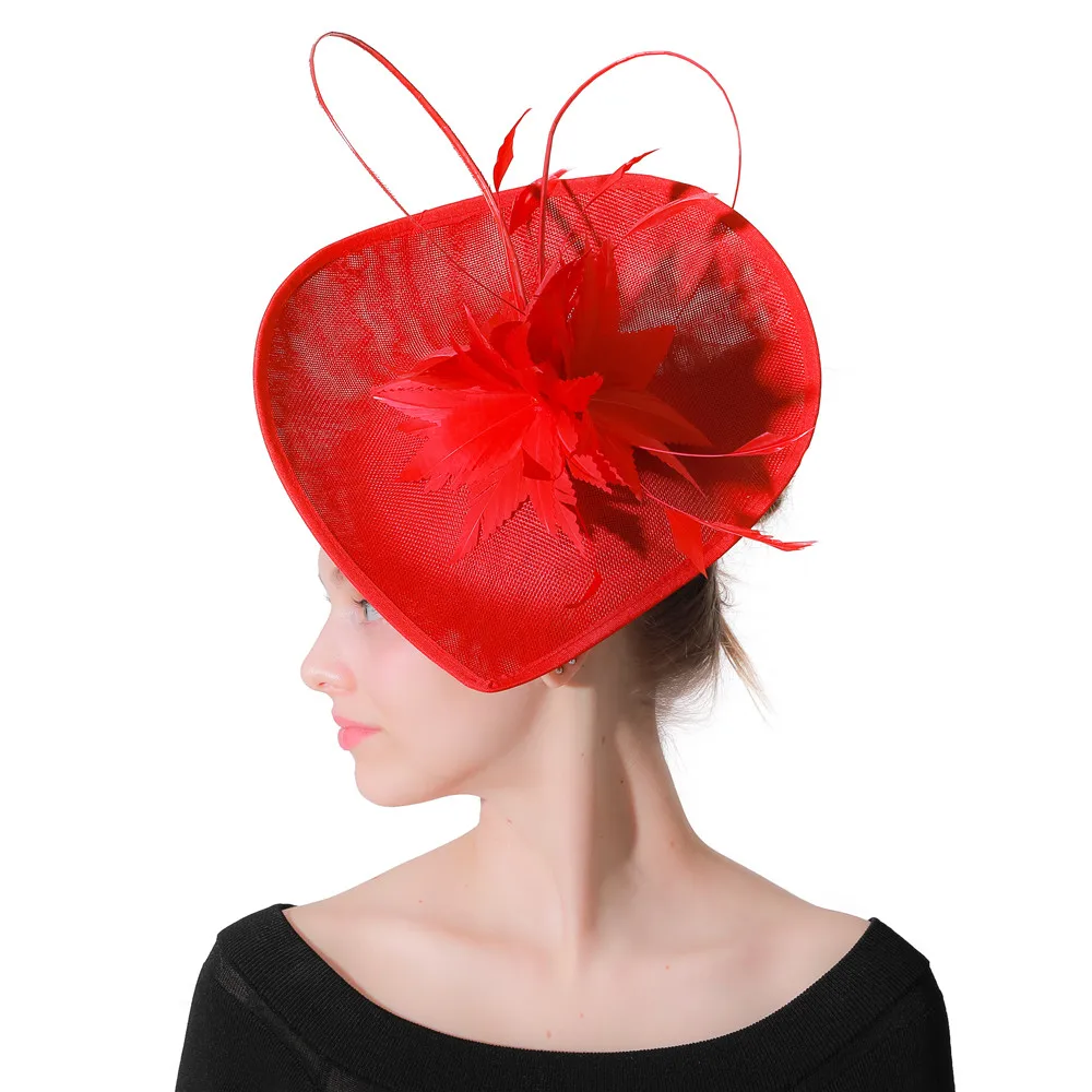 

Red Cocktail Party Headdress Imitation sinamay Fascinator Pillbox Hat women ladies elegant Wedding Bride Headwear with feathers