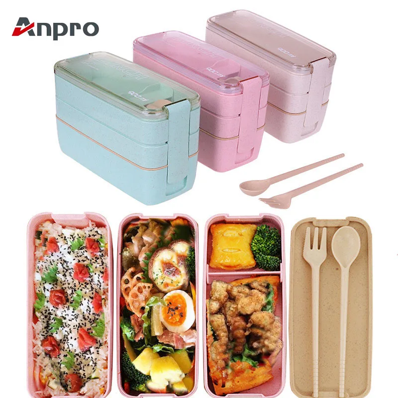 

Anpro 3 Layer Green Wheat Straw Lunch Box Microwave Oven Dinnerware Kids Adults Food Storage Container Stackable Lunchbox