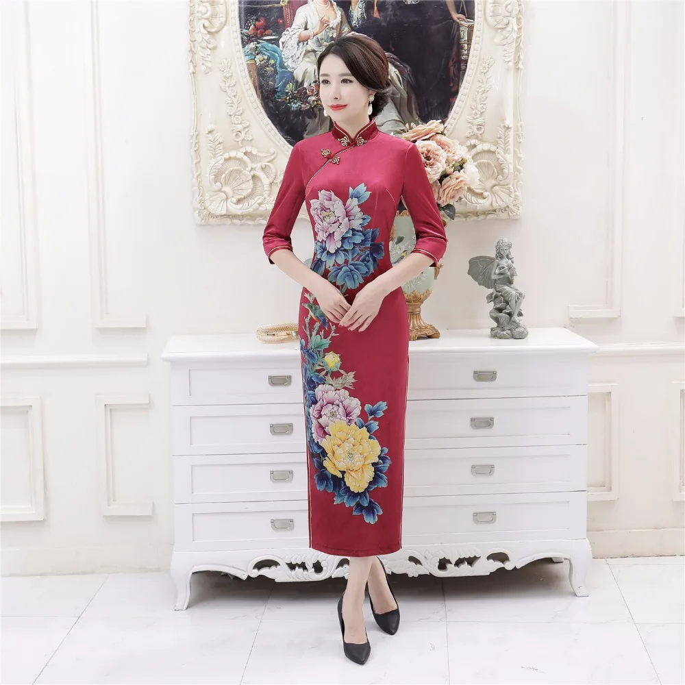 Shanghai Story/3/4 длинный рукав, цветочный узор, бархатное китайское традиционное платье Ципао, восточное платье на осень