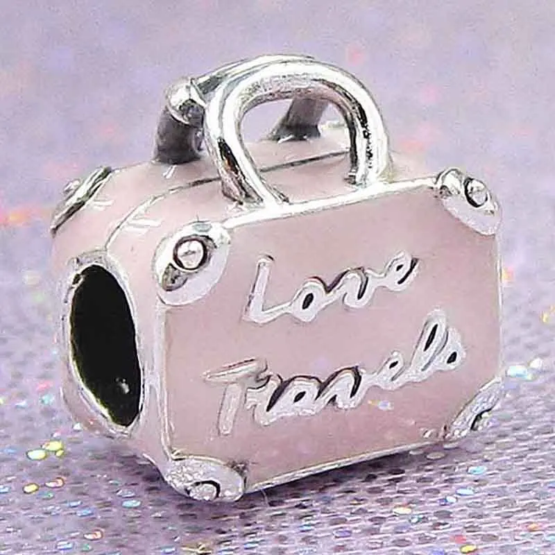 

New 925 Sterling Silver Bead Charm Pink Enamel Travel Bag Suitcase Love Travels Beads Fit Pandora Bracelet Bangle Diy Jewelry