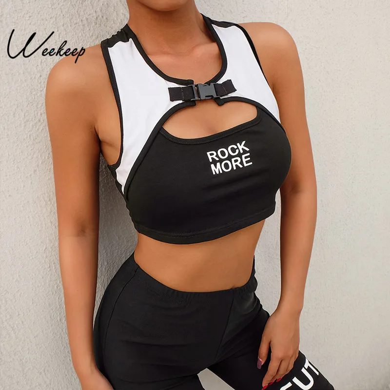 

Weekeep Women Patchwork Hollow Out Crop Top Letter Print Streetwear Tank Top Summer Knitted Cropped Tank Tops Women Bralette