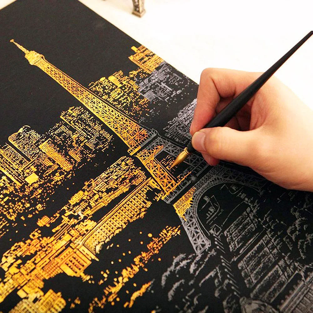 Art Scratch Kit Black Engraving Art Scratch Painting Cities Landscape Paris Painting Paper Boards Home Decoration Accessories (9)