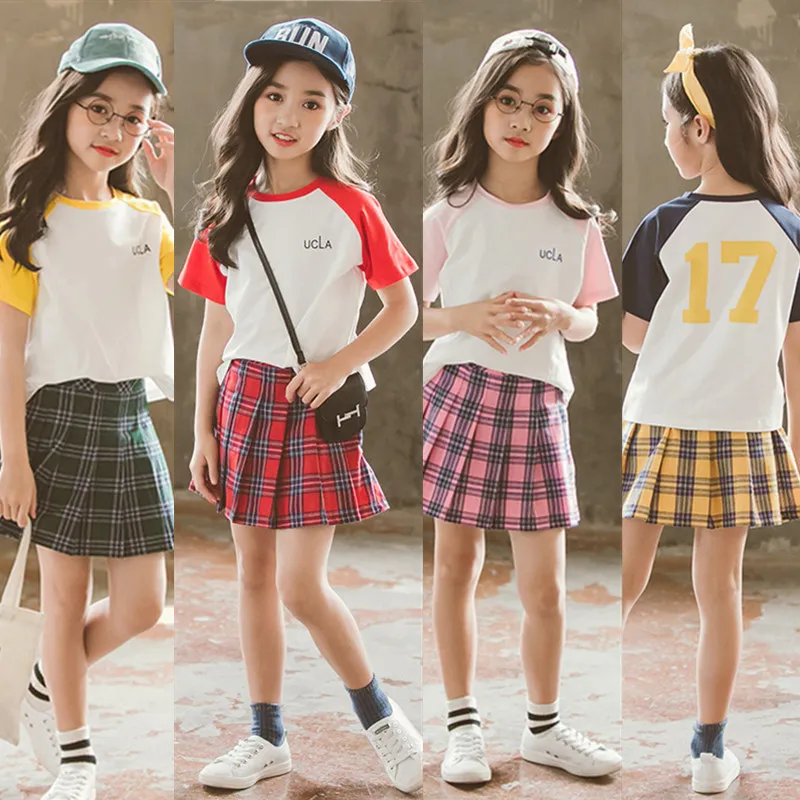 

2018 Summer Preppy Chic 2Pcs Sport Set For Schoolo Girls Cotton Mixed Color Tee+Red&Yellow&Green&Pink Plaid Skirt Age 2-14Yrs