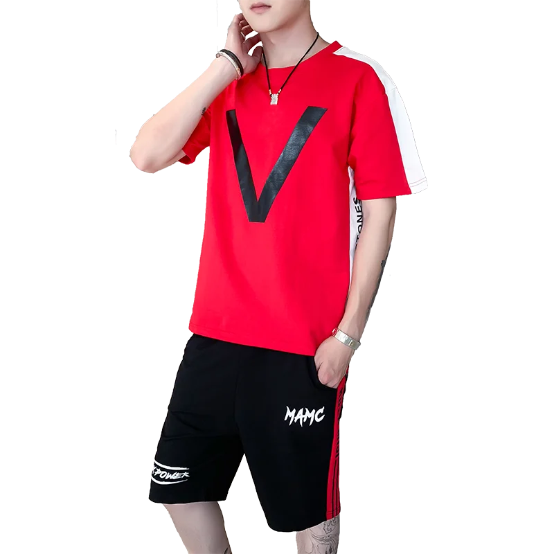 

LOLDEAL Summer New Youth Summer New Youth Men's Fashion Casual Sports Suit Round Neck T-shirt Cotton Five Pants Men's Short Set