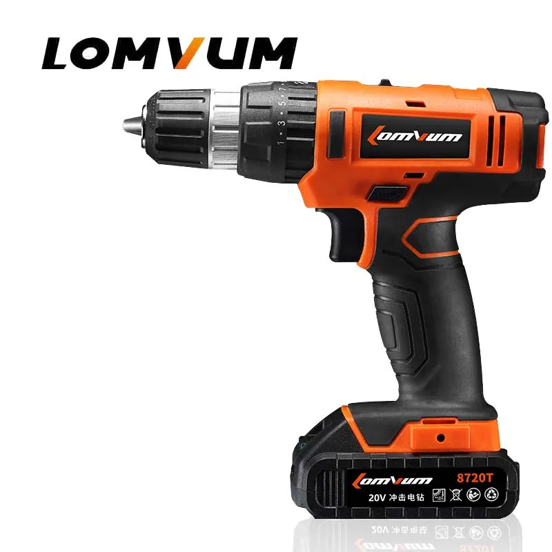 

LOMVUM 20V Cordless Portable Impact Electric Drill Adjustable Speed Puncher Screwdriver MINI Electric Tool Lithium Battery