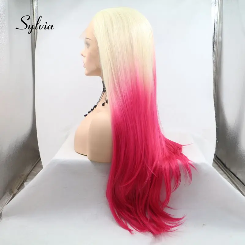 Sylvia блонд к красному Омбре Натуральные Прямые парики синтетические парики на шнурках спереди термостойкие волокна Омбре волосы парики для женщин