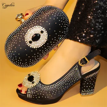 

Excellent black evening party high heel shoes and purse bag set with luxury stones 99638-2 heel height 9.5cm