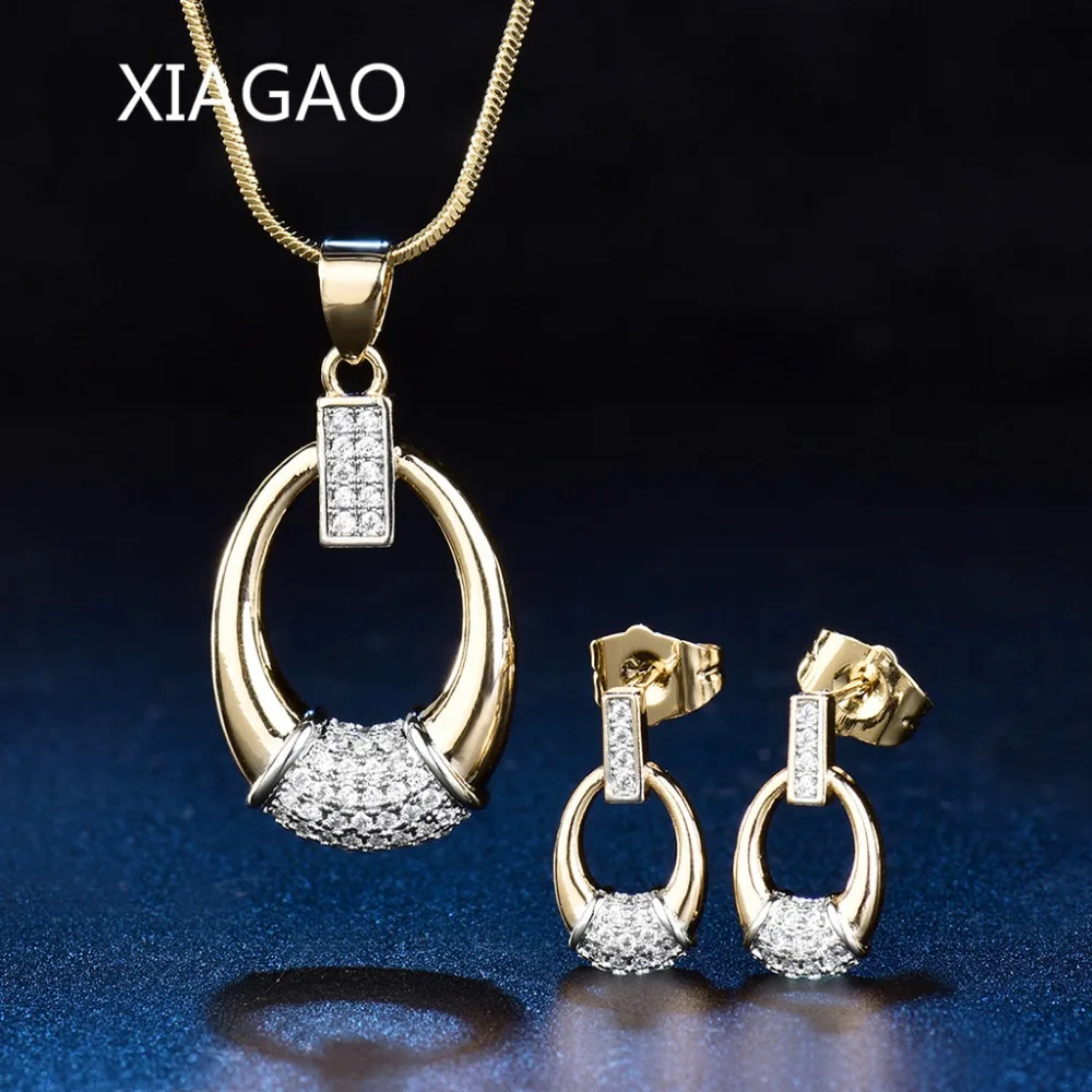 

XIAGAO Oval Drop Pendant Shell Jewelry Set Necklace Earrings For Women Rhinestones Vintage Antique Gold-Color Fashion Jewellery