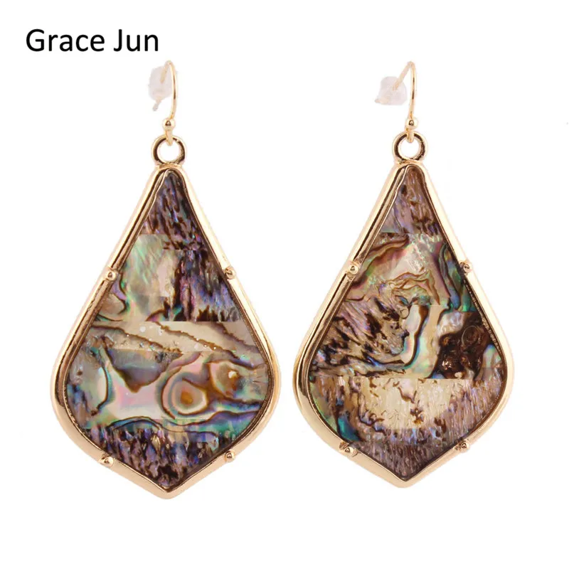 

Grace Jun High Quality Gold Color Abalone Shell Teardrop Large Drop Dangle Earrings for Women Party Wedding Statement Earrings