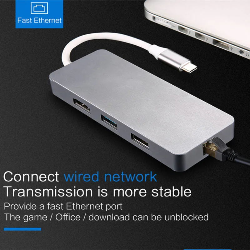 AAAJ-type C концентратор 7 в 1 HDMI адаптер мультимедийный интерфейс USB3.0 концентратор Ethernet RJ45 порт HD видео конвертер SD TF кард-ридер fo