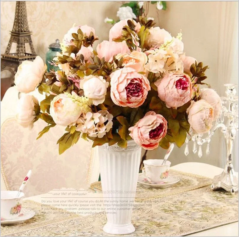 Artificial Flowers Silk flower European Fall Vivid Peony Fake Leaf