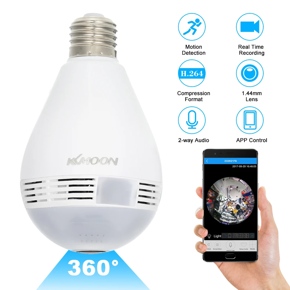 

KKmoon Wireless 1080PH Mini Panoramic Fish Eye WIFI 360 Degree Camera LED Light Bulb IP Camera Night Vision IR Lamp IR-CUT