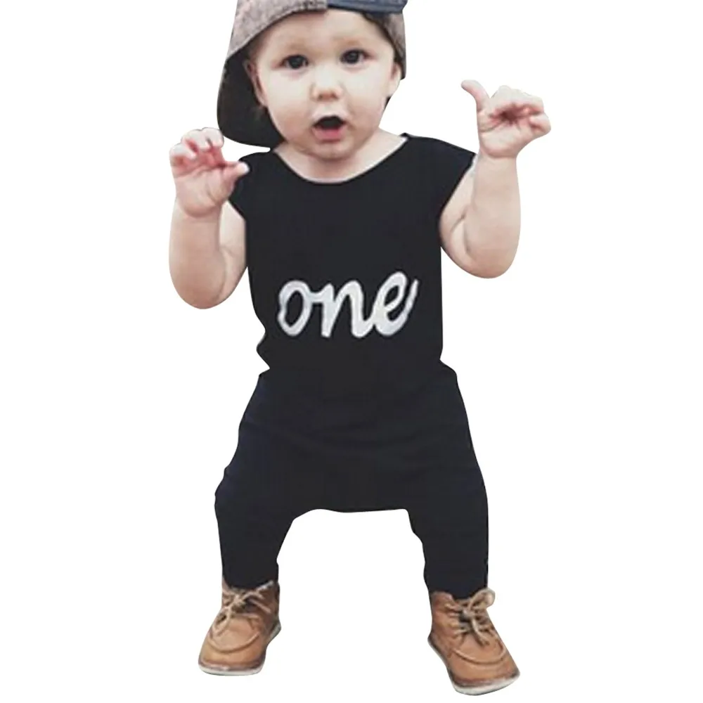 Toddler Newborn Infant Baby Boys One Printed Sleeveless Letter Print Black Romper Jumpsuit