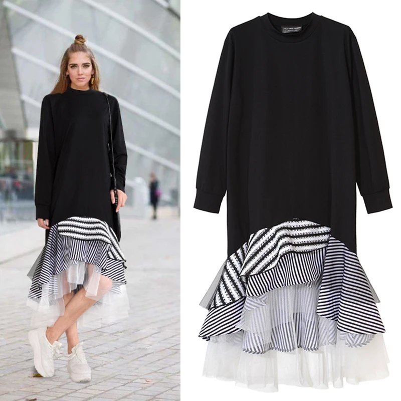 Najtaniej TWOTWINSTYLE 2019 kobiet koszulka z długim rękawem Midi sukienka Patchwork paskiem siatki wzburzyć Flare asymetryczny pulower dorywczo