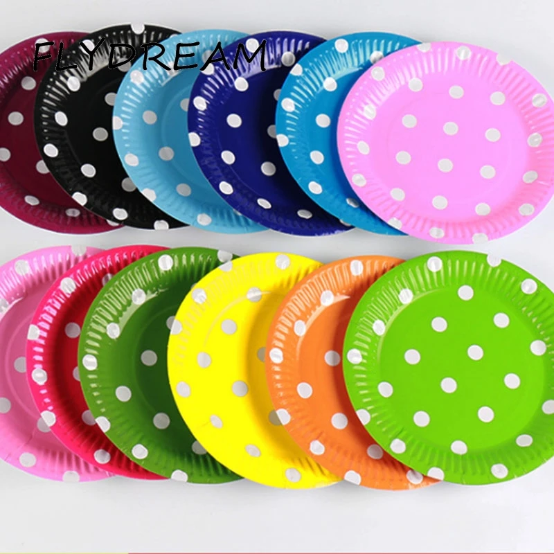 

FLYDREAM 5 Pcs/set Polka Dot Round Paper Plates Disposable Tableware For Birthday Party Wedding Supplies 11 Color