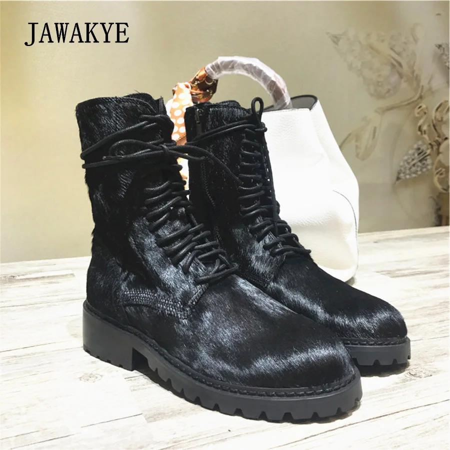 Martin Inside black Chaussures Black Bottes Lacent Sexy Bout Jawakye Botas Crin Largas Plush Femmes Rond Haute Qualité D'hiver Noir Leather Plat Inside Cheville Ht4w6R