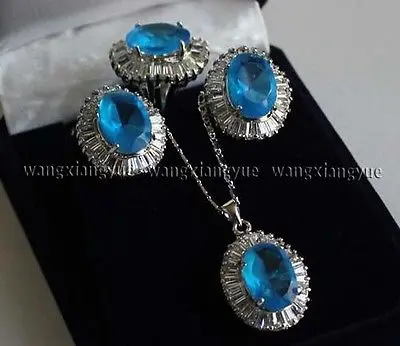 

Blue Zircon Link pendant necklace /earrings /ring set>^^1>18K gold plated watch Quartz stone CZ crystal