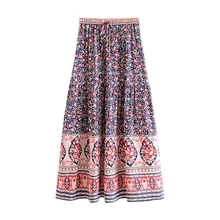 Женский милый цветочный принт, юбки, винтажные, средний Эластичный шнурок на талии, до середины икры, милые юбки, FFZBQ57