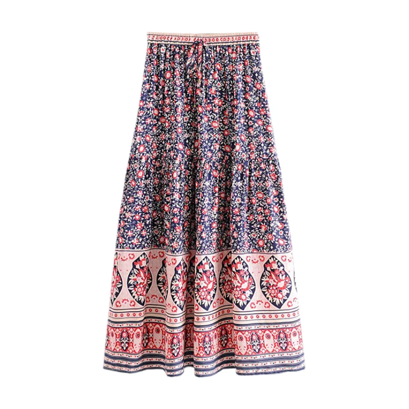

Women Sweet Floral Print Skirts Vintage Mid Drawstring Elastic Waist Mid-Calf Cute Skirts FFZBQ57