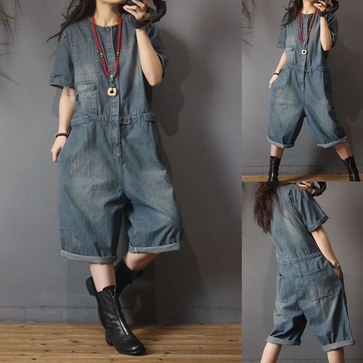 

Spring Autumn Women Casual All-match Ultra Loose Plus Size Vintage Pockets Denim Jumpsuits