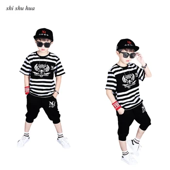 

Children's Wear Baby Boy Clothes Summer Letter Print Striped Short Plaid Sleeves T-shirt Shorts 4-12 Y Child Quality Clothing