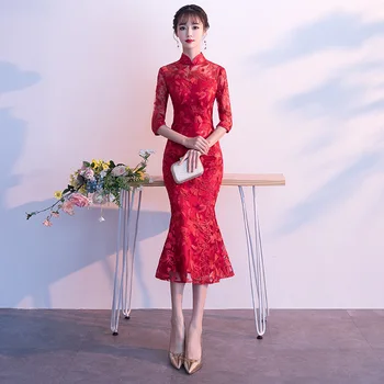 

Trumpet Chinese Traditional Lady Cheongsam Long Tight Sexy Women Qipao Big Size 3XL Vestidso Bride Wedding Party Elegant Dress