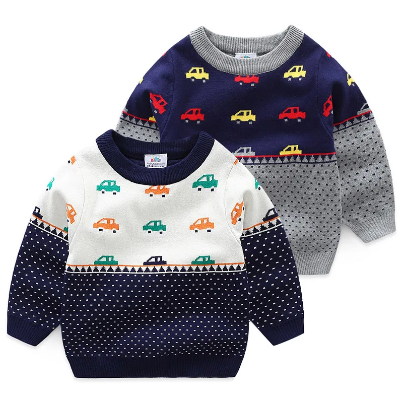 

2019 Spring Autumn Winter 2-10 Years Gift O-Neck Knitted School Color Patchwork Cartoon Car Baby Kids Boys Christmas Sweaters