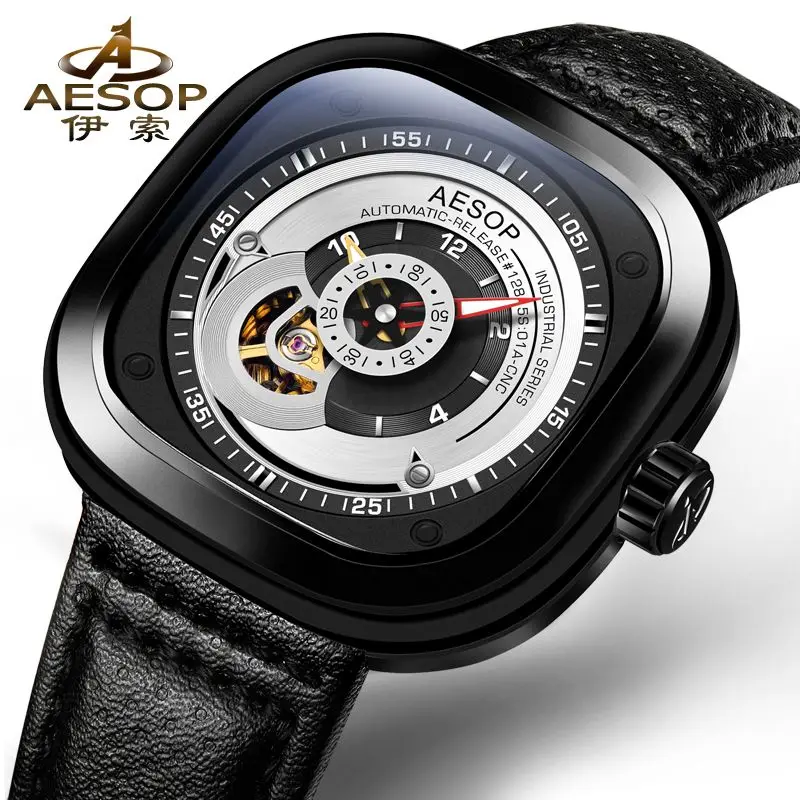 

AESOP Creative Fashion Men's Watch Automatic Mechanical Square Leather Strap Wrist Watch Stainless Steel Male Clock 9023G
