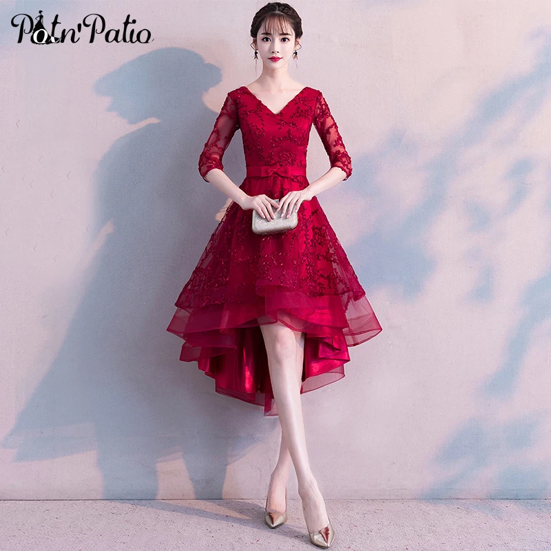 

V-neck With Half Sleeves Wine Red Prom Dresses 2019 Plus Size Elegant Simple Lace High Low Prom Dresses For Graduation Party