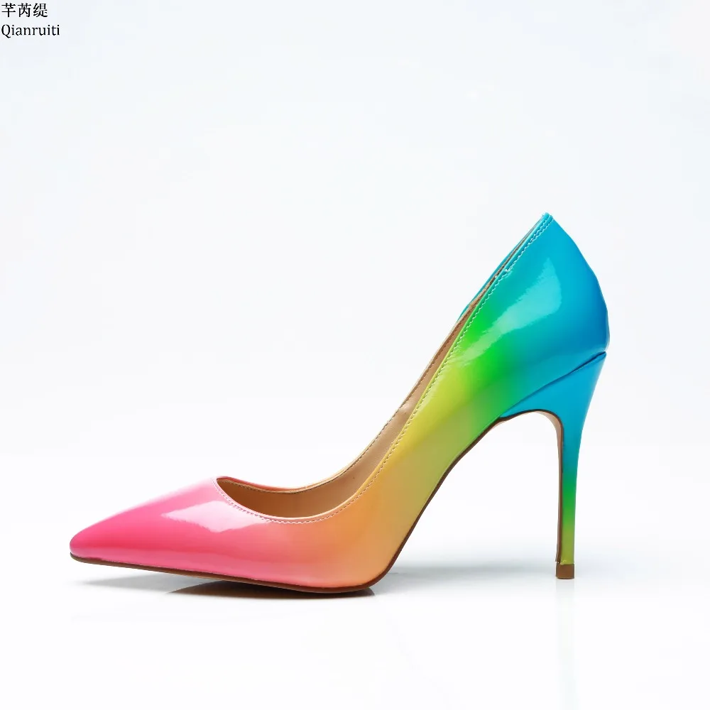 

Qianruiti Rainbow Color Patent Leather Women Pumps Slip-On High Heels Bridal Wedding Shoe Pointed Toe Stiletto Heels Women Shoes