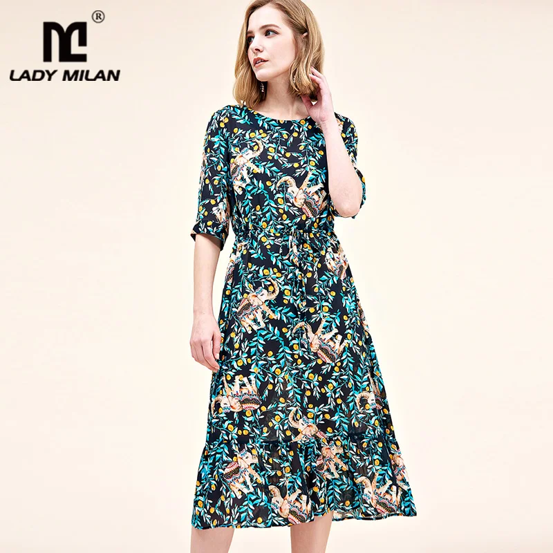 

100% Natural Silk Women's Runway Dresses Fashion O Neck Short Sleeves Elepants Printed Floral Casual Summer Dresses