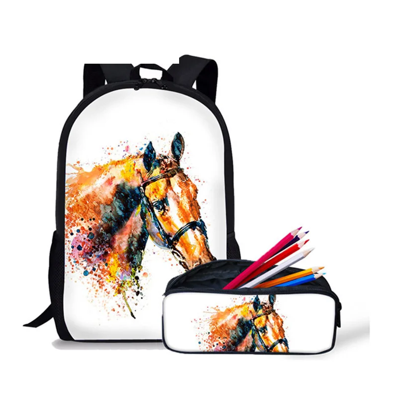 Unicorn Crazy Horse Print Women Childrens Backpack Pony Bag Animals School Bags Backpack For Girls Boys Mochila Pencil Bag - Цвет: LMF0072CK