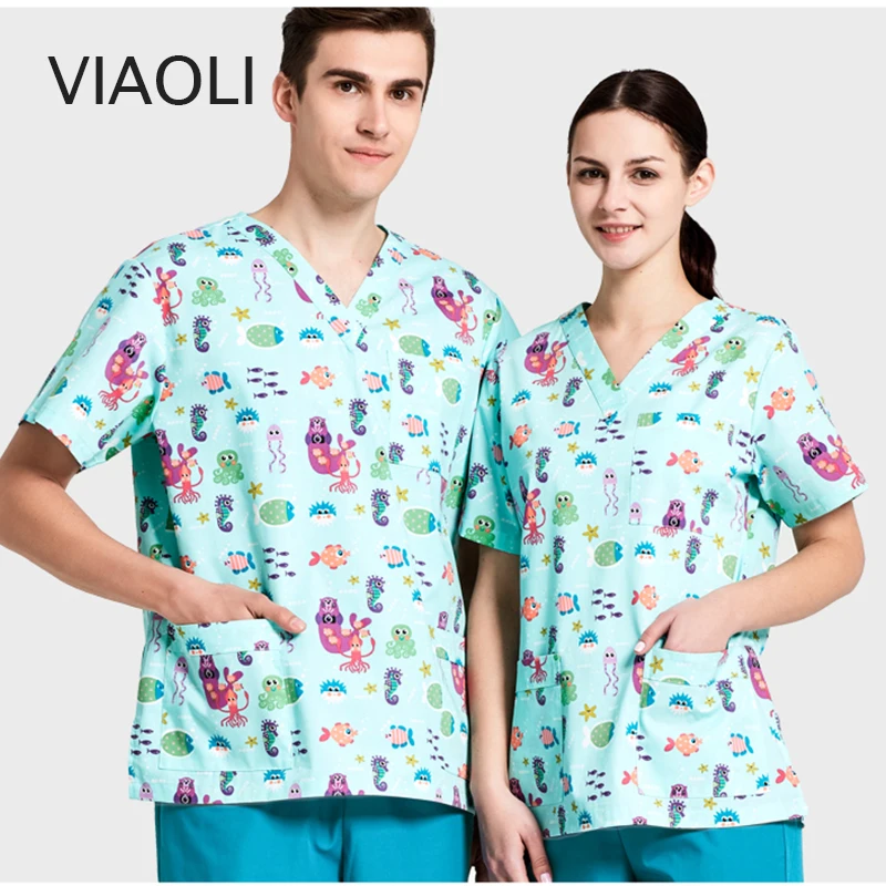 

blue Surgery Clothes V-neck Short Sleeve Surgical Clothing Men and Women Doctor Wash medical uniforms top
