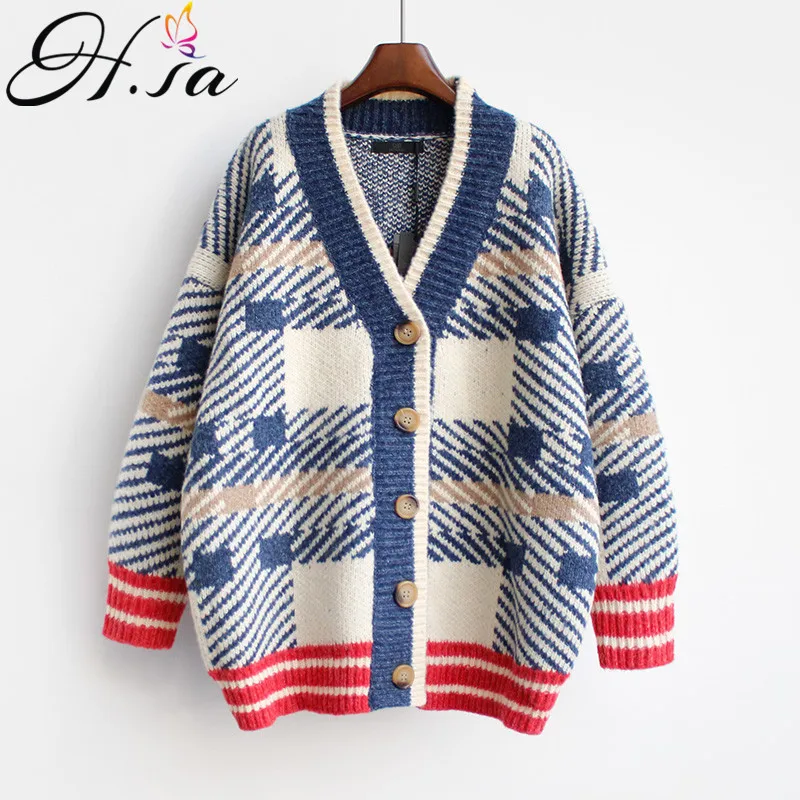 H.SA 2018 Women Sweater and Cardigans Vneck Long Knitted Coat Korean Style Loose Oversized Cardigans Poncho Plaid Outerwear Coat