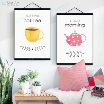 

Yellow Pink Watercolor Kawaii Coffee Cup Quotes Wooden Framed Canvas Painting Nordic Kitchen Cafe Decor Wall Art Picture Scroll