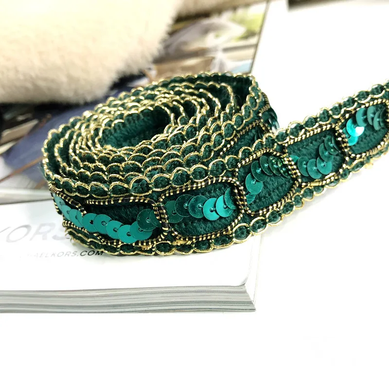 

Dark Green Embroidered Sequins Ribbon Trim Fabric Sequined Lace Dress Sewing Decoration Ethnic Costumes Dance Apparel Accessorie