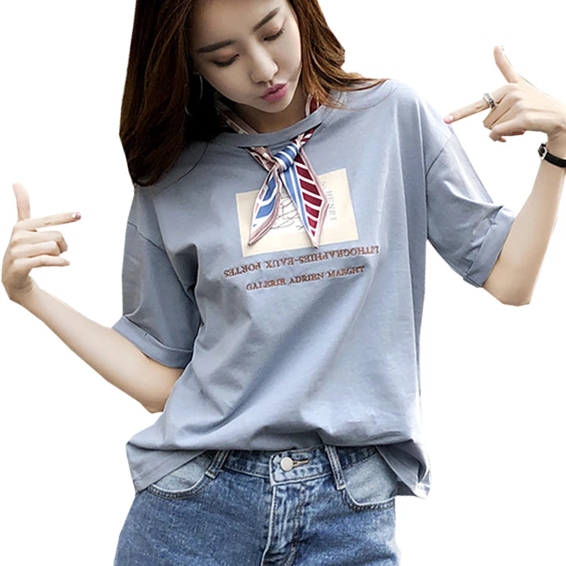 

shintimes Office Lady T Shirt Women 2019 Summer Tops Embroidery Letter Korean Fashion Cotton Tshirt Woman Casual T-Shirt Female