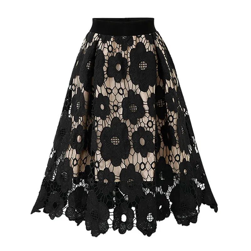 

2019 Summer Vogue Hollow-Out Lace Skirts Women Elastic Waist A Line Office Lady Formal Midi Elegant Skirt Party Wear Bottoms