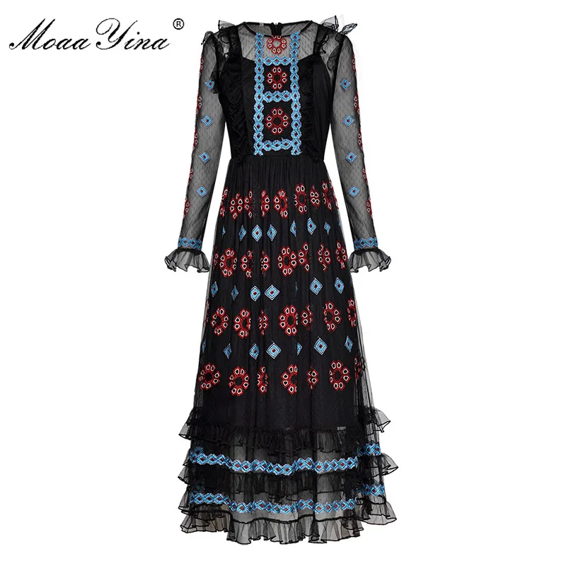 

MoaaYina Vintage Fashion Designer Runway Dress Spring Summer Women's Long sleeve Mesh Embroidery Ruffles Black Elegant Dress