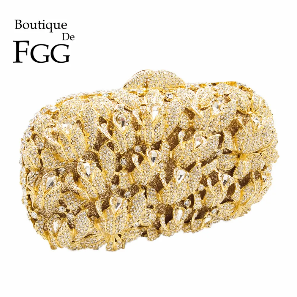 

Boutique De FGG Gold Rose Floral Hollow Out Women Metal Clutches Evening Purse Wedding Party Bridal Flower Handbag Clutch Bag