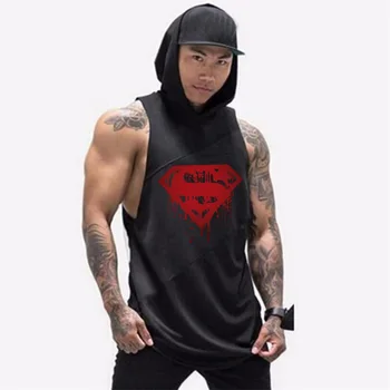 

Personality Superman Printing European and American Bodybuilding Gym Sports Vest Running Muscle Men Loose Hooded Tank Top