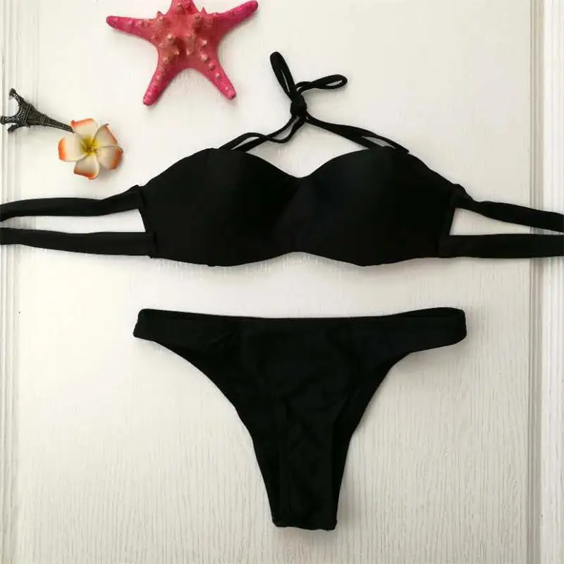 

Summer New Women Sexy Swimwear Bikinis Set Lady Strappy Simple Black Swimsuit Beachwear Push Up Biquini Bathing Suit S-L