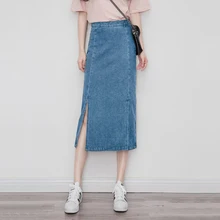 Новинка, Женская Повседневная прямая джинсовая юбка весна-лето с карманами и разрезом, высокая талия, до середины икры, прямые юбки