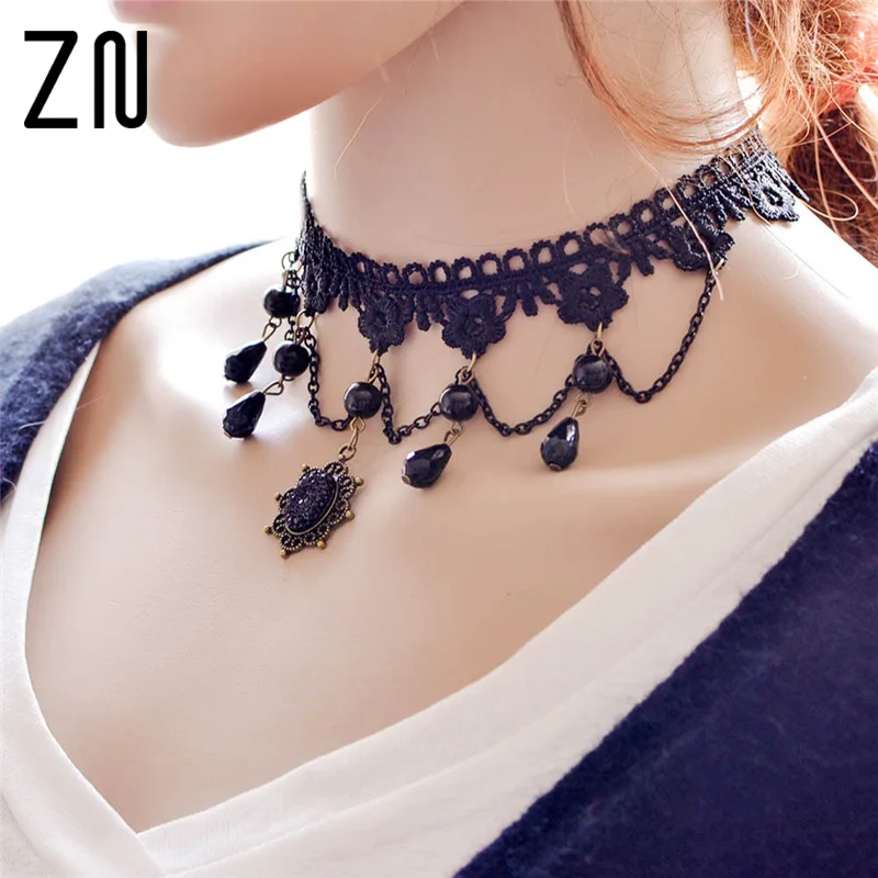 

2017 Collares Sexy Gothic Chokers Crystal Black Lace Neck Choker Necklace Vintage Victorian Women Chocker Steampunk Jewelry