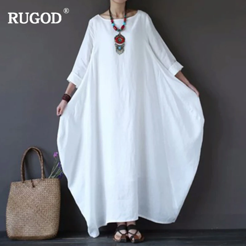 Винтажное однотонное Свободное длинное платье RUGOD из хлопка и льна 2018 женские