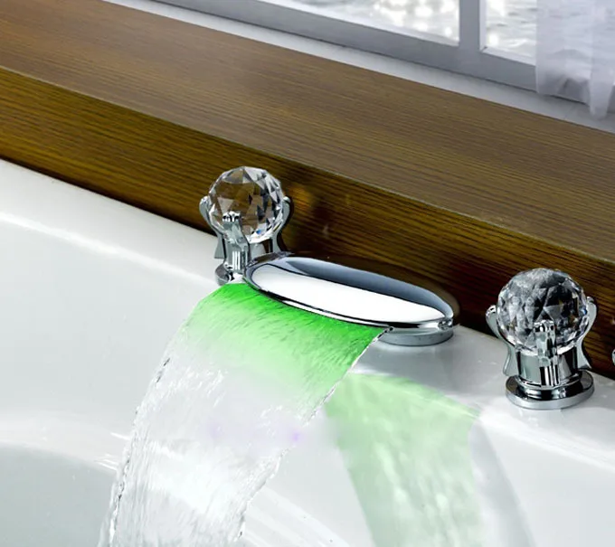 Chrome Waterfall LED light Bathroom Sink Bathtub Faucet LED light Dual Crystal knobsin Shower