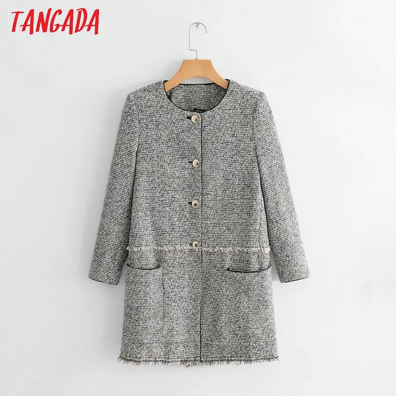 Tangada 2018 women tweed coat long vintage korean style