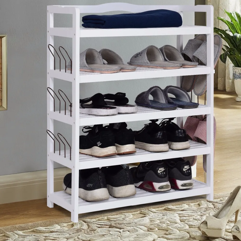 

Giantex 5-Tier Wooden Shoe Rack Shelf Storage Organizer Entryway W/ Shoe Stretcher White Living Room Furniture HW57486WH