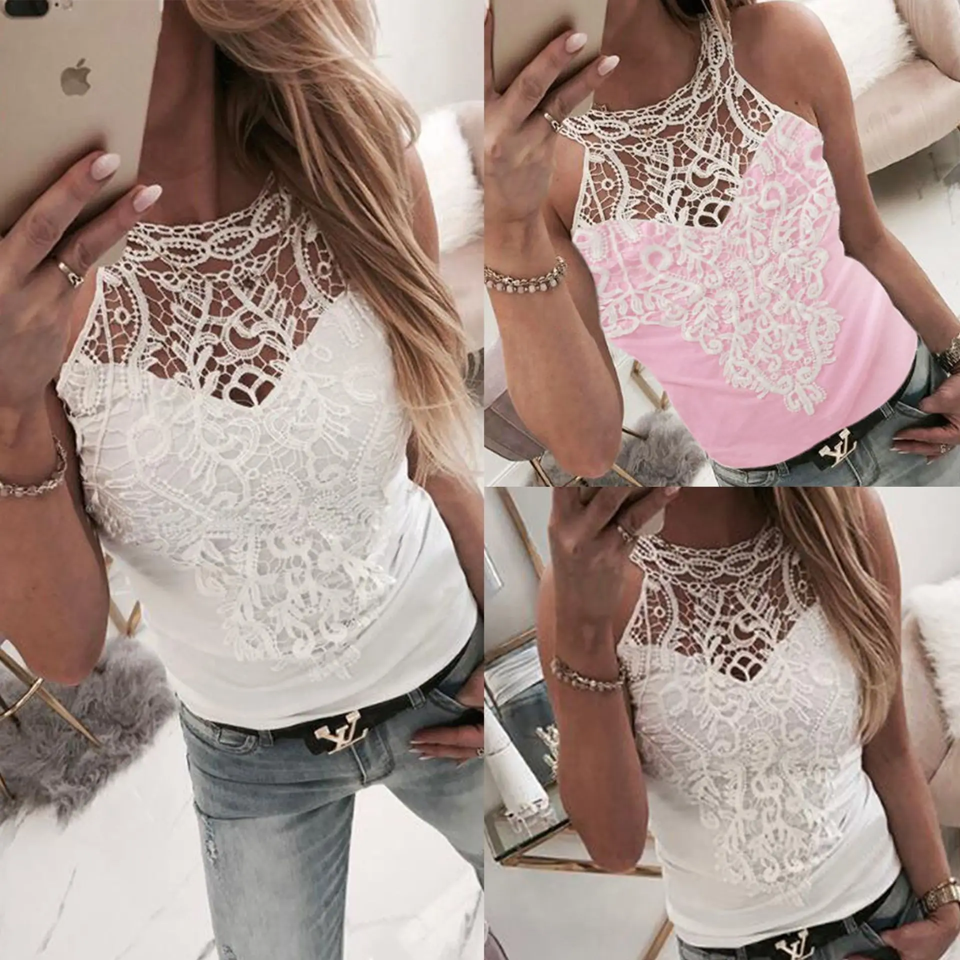 

2019 hot selling Womens Tops and Blouse Sexy Lace Hollow Out Patchwork Turtleneck Sleeveless Women Blouse Women Shirts